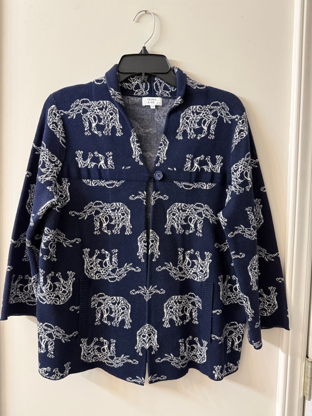 crown & ivy Navy Elephant Motif Cardigan